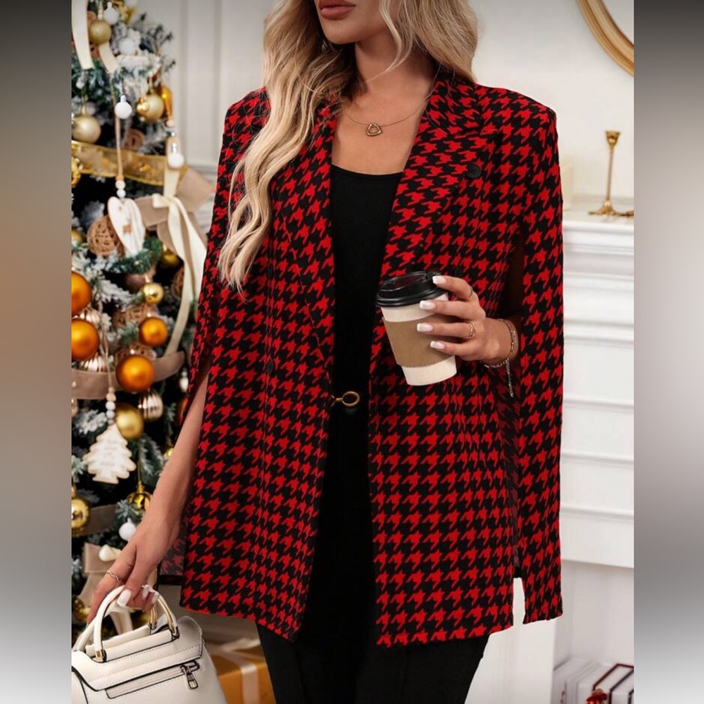 Red and Black Houndstooth Cape Blazer LIGHTWEIGHT - Picture 3 of 6